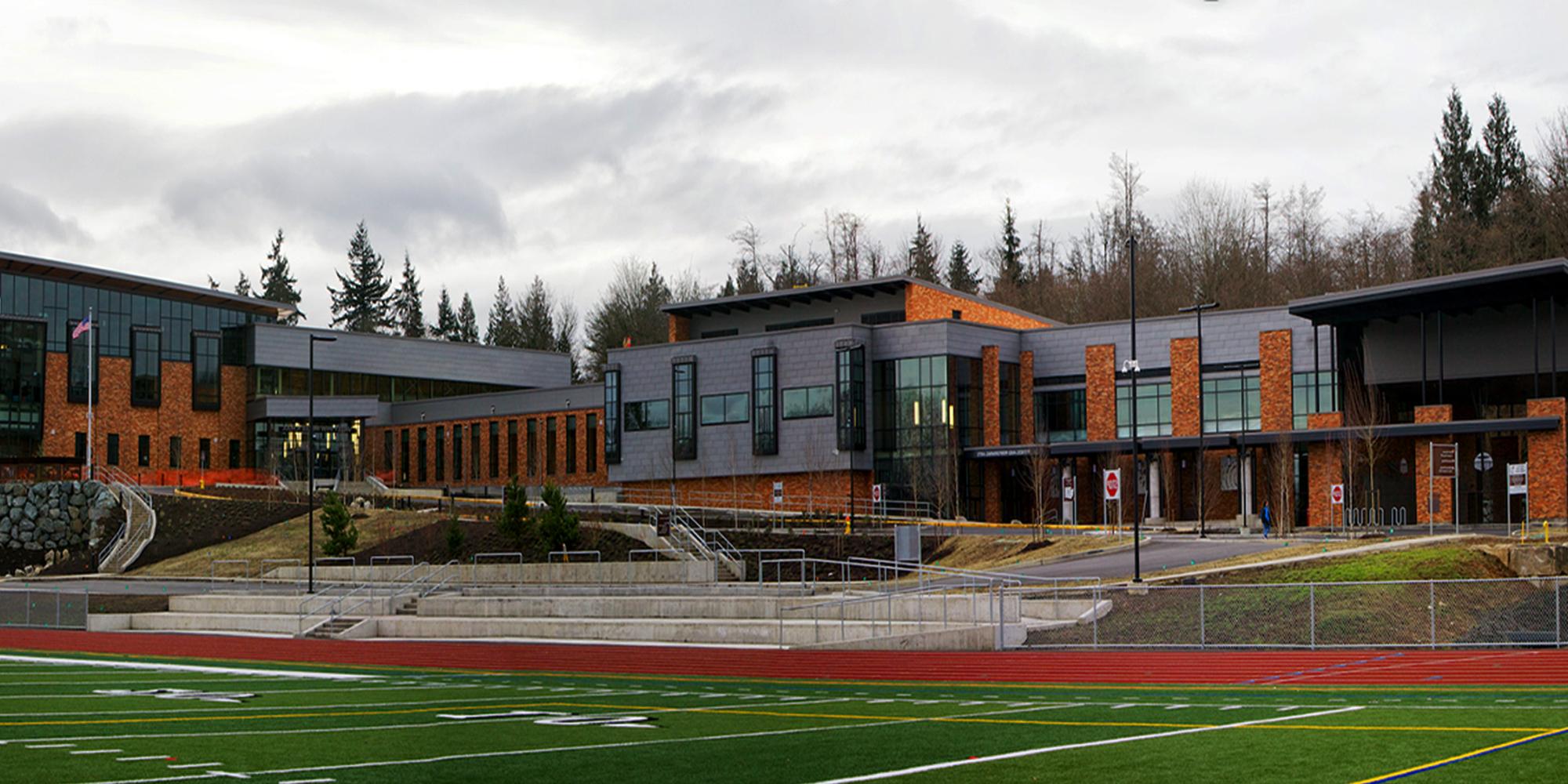 Exterior view of Valley View Middle School with football field in the foreground